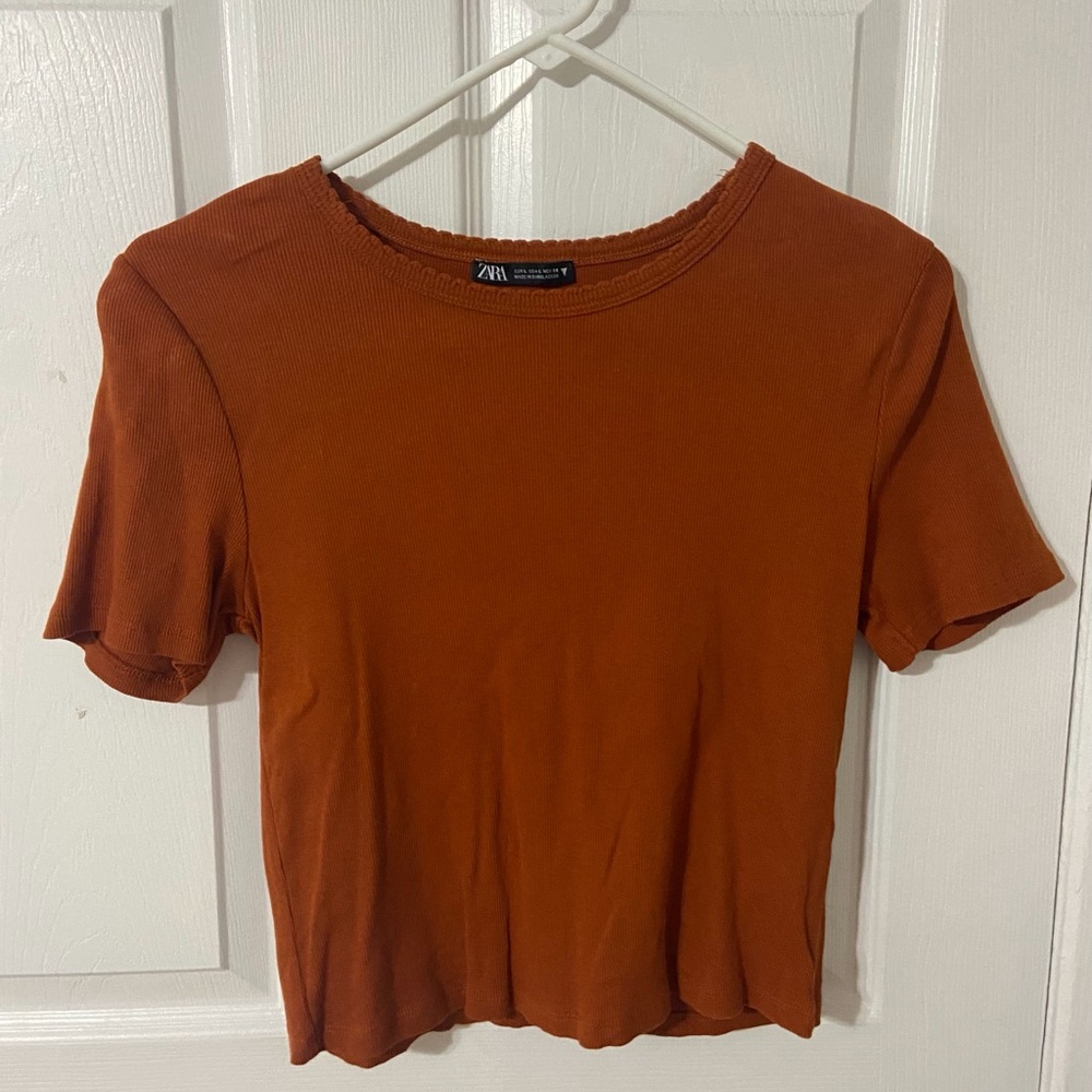 Burnt orange zara cropped tee shirt with small ruffles on neck line